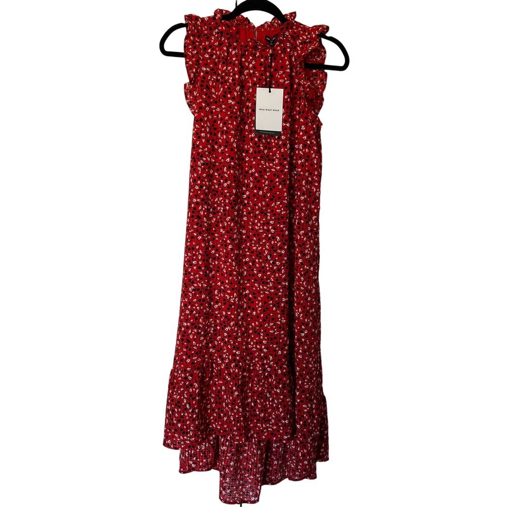 Who What Wear Women's Red Floral Ruffle Trim Sleeveless Dress - Size Small - NWT